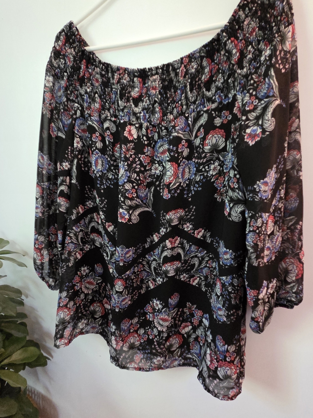 Boho Off-Shoulder Floral Blouse - Black with Red & Blue Floral Print